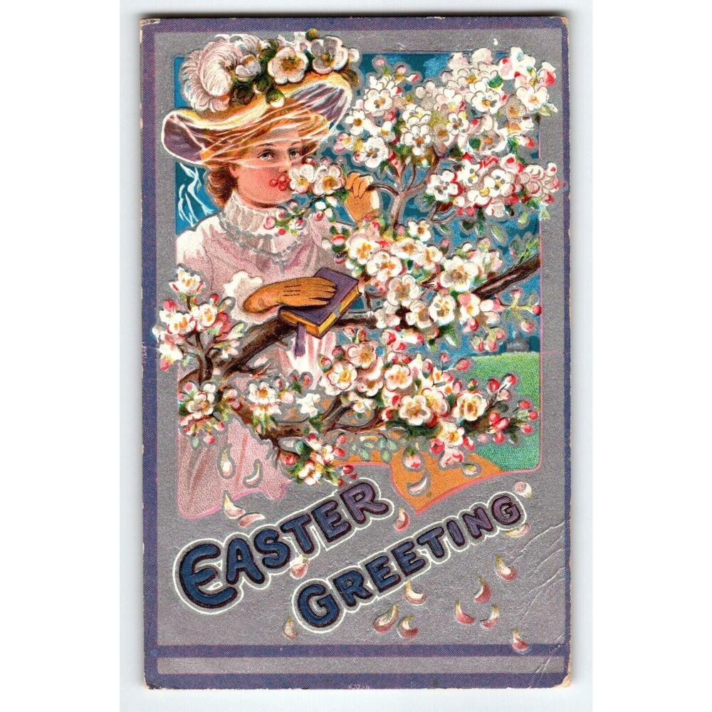 Easter Postcard Lily Series Women Surrounded By Embossed Flowers Antique Vintage